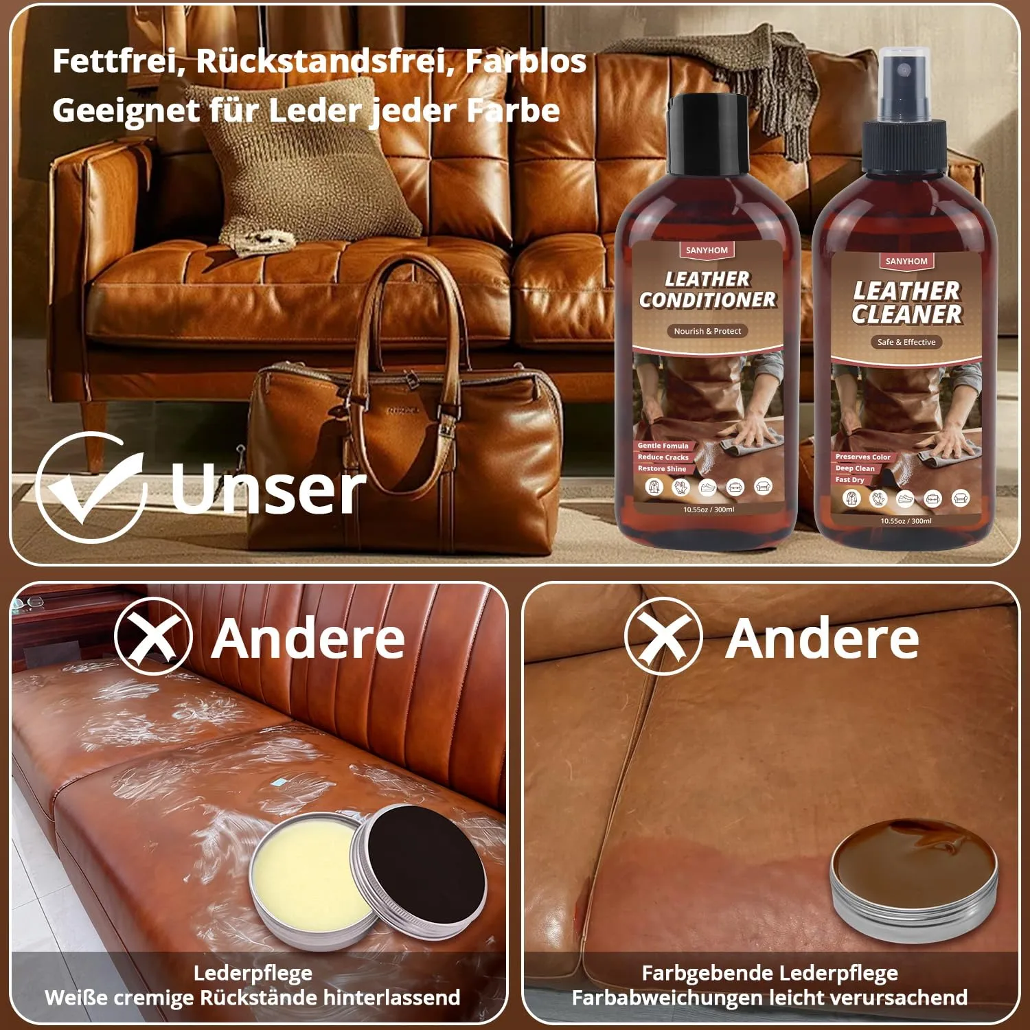 Sanyhom Lederpflegeset Reiniger 4-teilig Glattleder