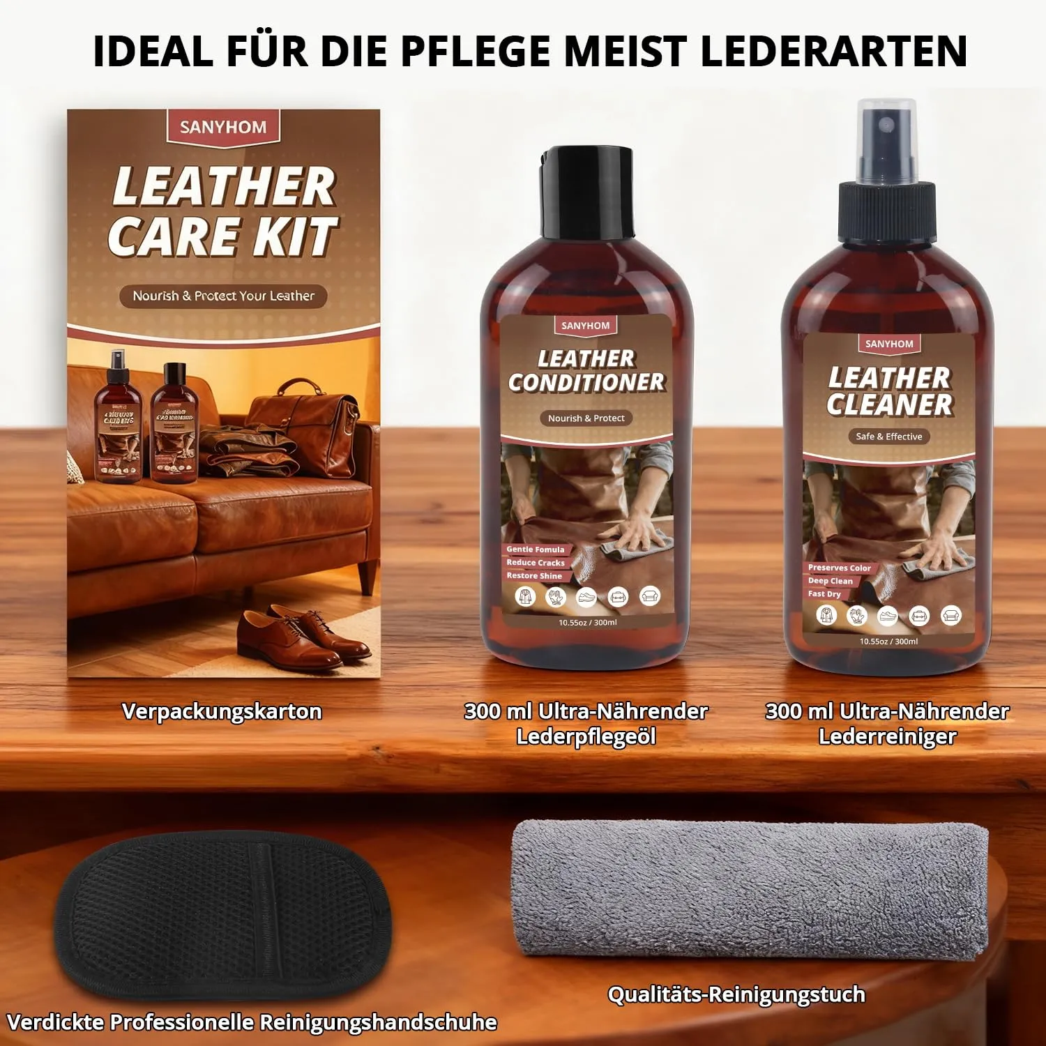 Sanyhom Lederpflegeset Reiniger 4-teilig Glattleder